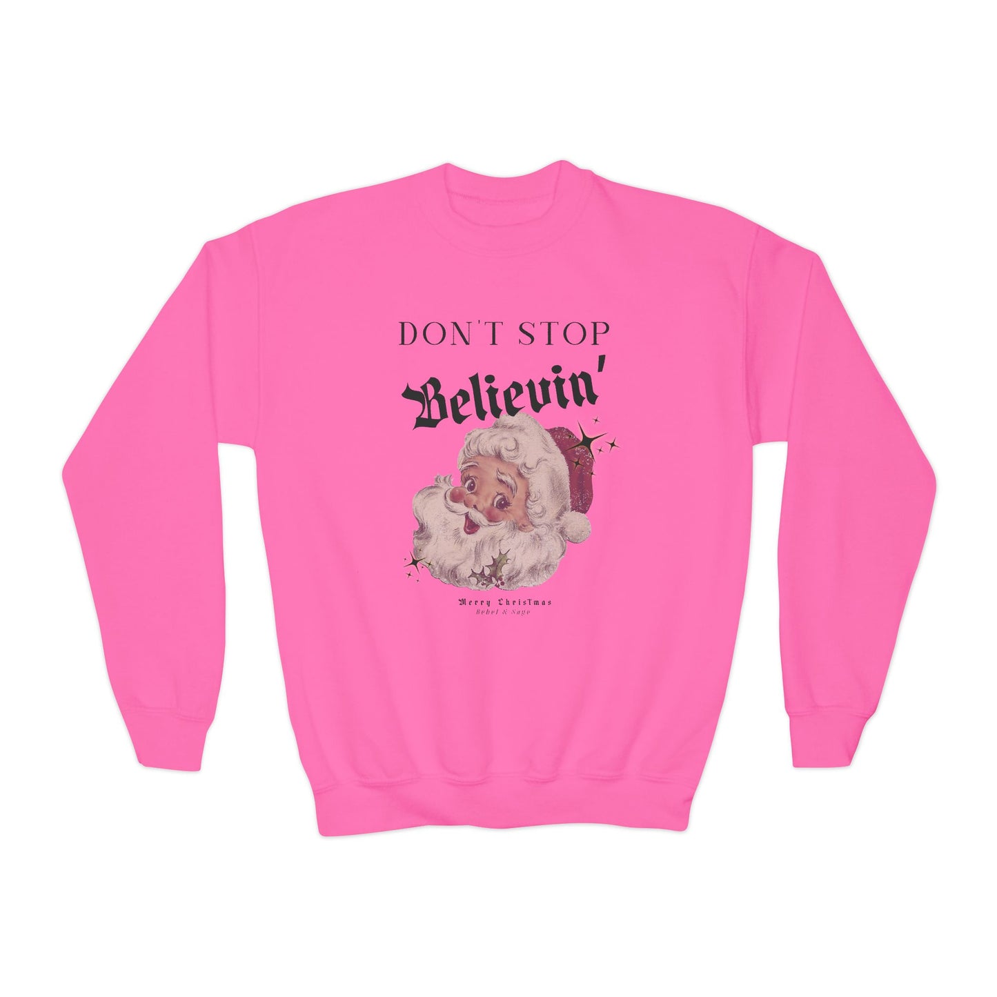 Youth Crewneck Sweatshirt - 'Don't Stop Believin'' Vintage Santa Christmas Pullover