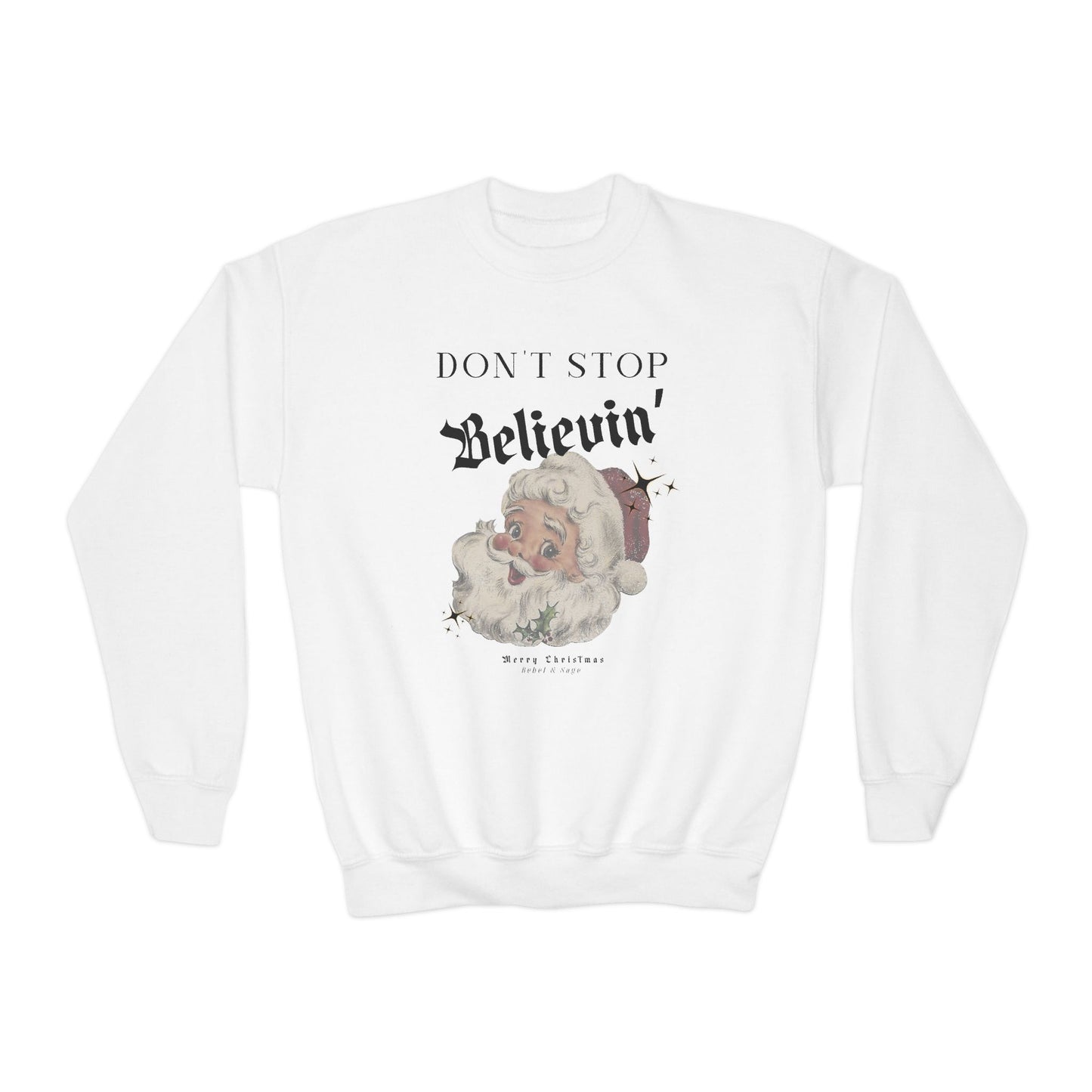 Youth Crewneck Sweatshirt - 'Don't Stop Believin'' Vintage Santa Christmas Pullover